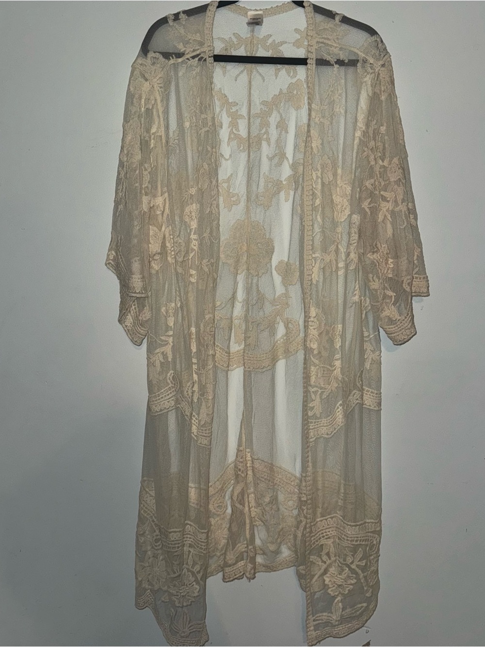 Cream Embroidered Lace Kimono Open Front Cardigan 2x
